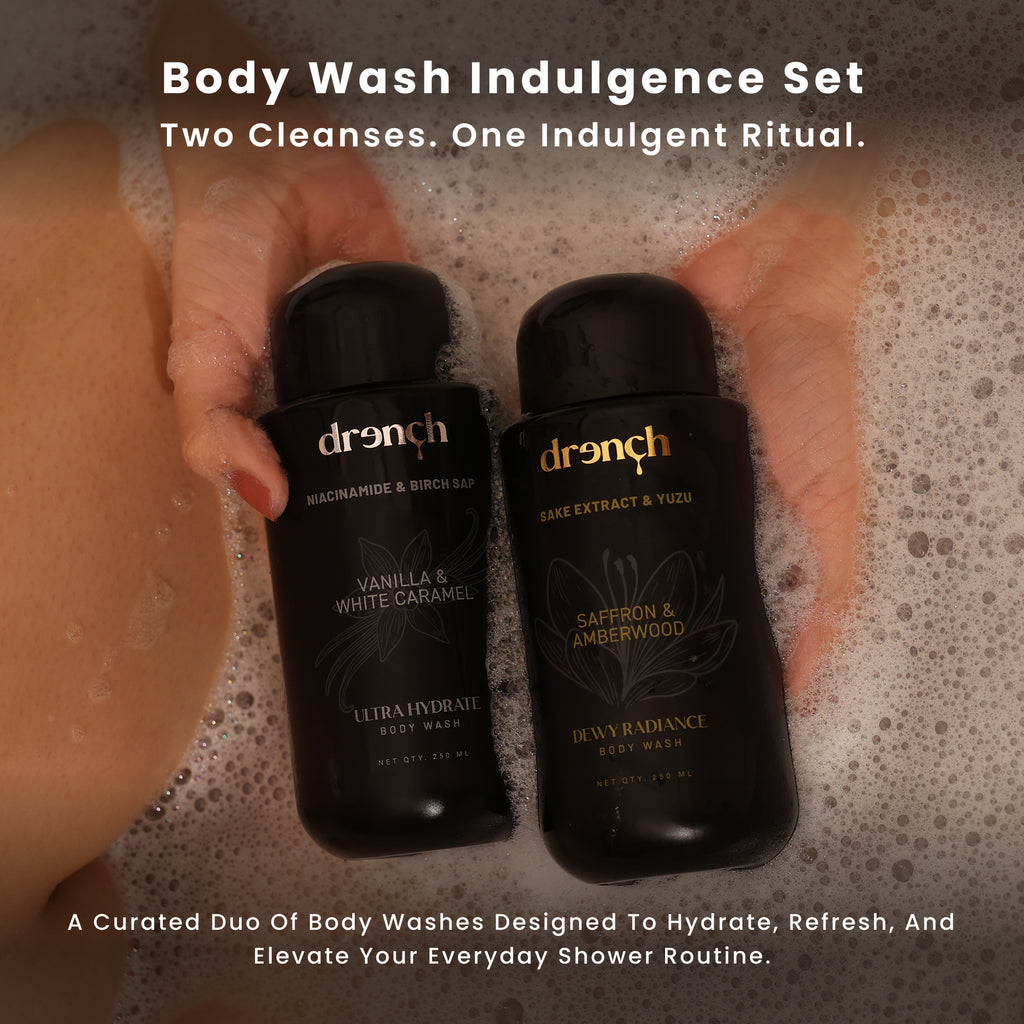 Body Wash Indulgence Set lifestyle shot – both Drench body washes for hydration and brightening India