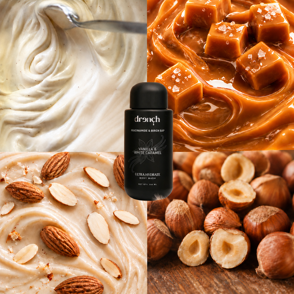 Ultra Hydrate Vanilla and White Caramel fragrance notes in Drench Body Wash Duo